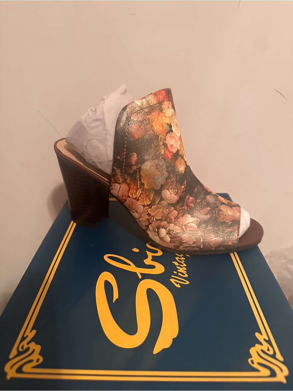 Sbicca Floral Peep-Toe Block Heel Mule - Brown Multicolor